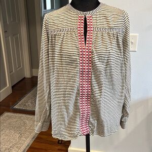 J. Crew Black-and-White Striped Button-Down Shirt with Red Trim